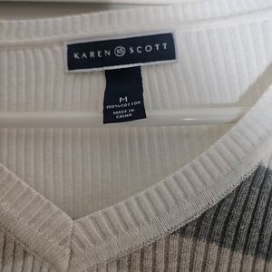 Karen Scott Striped Cable-Knit V-Neck Sweater Multi-color:White/Tan/Blue